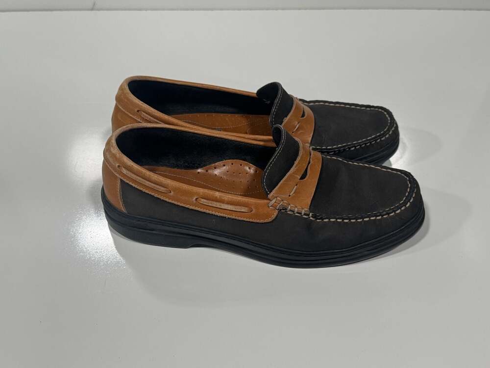 Bally Two-Tone Navy Brown Leather Penny Loafers Size 8